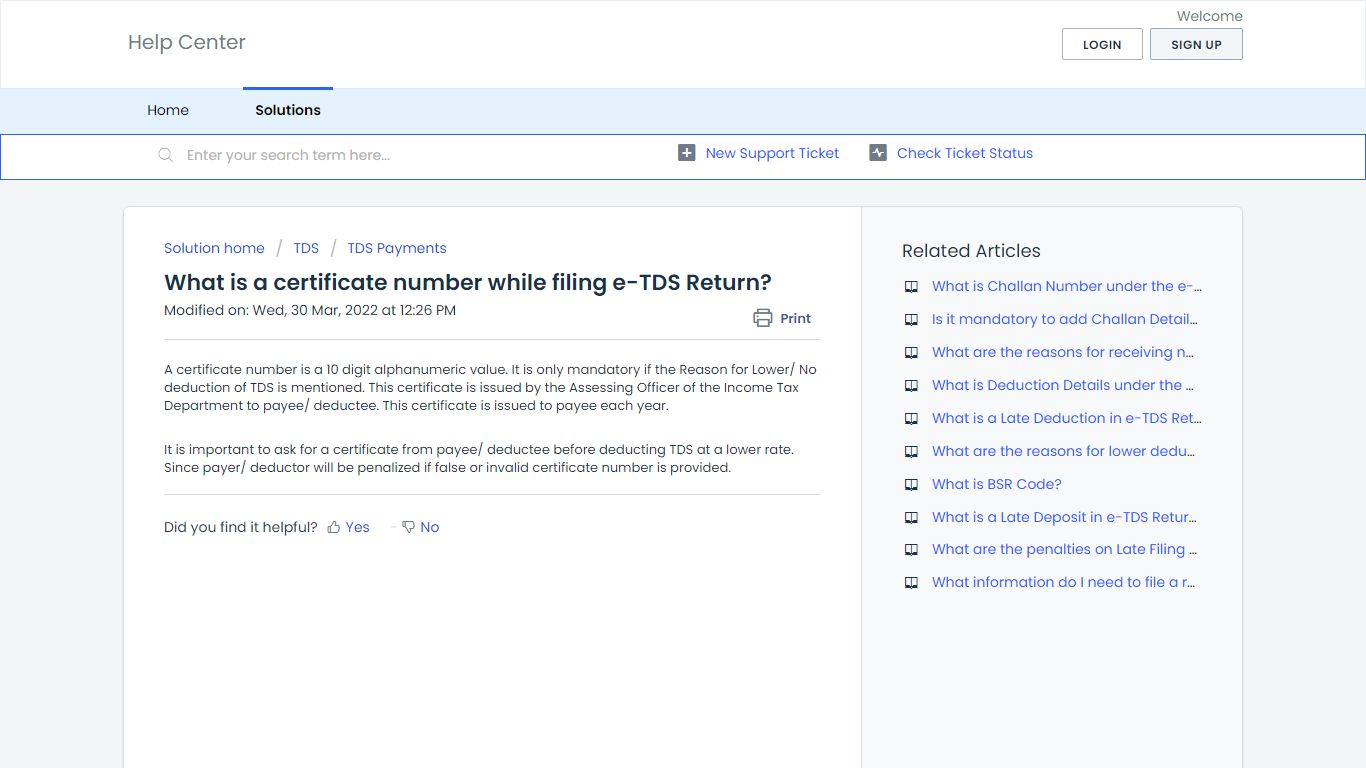 What is a certificate number while filing e-TDS Return?