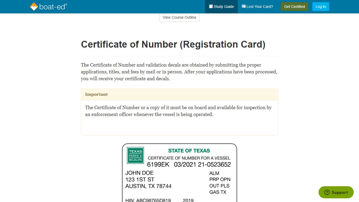 Certificate of Number (Registration Card) - Boat Ed